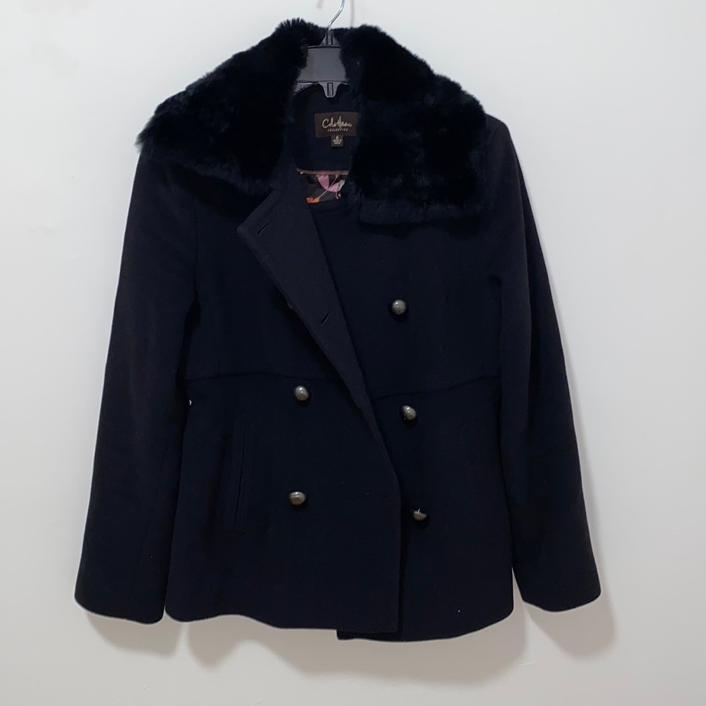 Cole Haan, Black wool peacoat, custom removable fur collar. Size 4